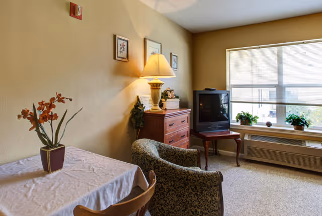A cozy living area with a patterned armchair, a wooden table covered with a white cloth and a potted plant, a wooden dresser with a lamp and framed pictures on the wall, an old-style television on a small wooden table, and a large window with blinds letting in natural light. There are also two small potted plants on the windowsill and a heating/cooling unit below the window.