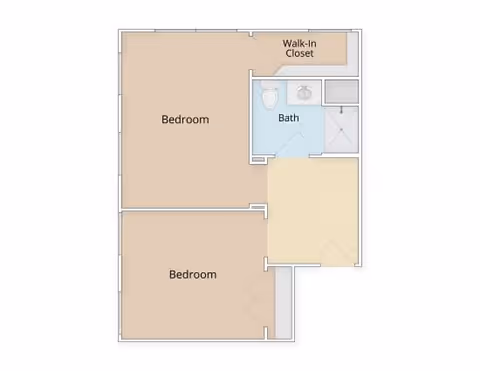 Floor plan of a residential unit showing two bedrooms, a bathroom with a shower, sink, and toilet, and a walk-in closet adjacent to one of the bedrooms.