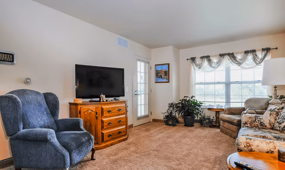 A cozy living room with a blue upholstered armchair, a wooden cabinet with a flat-screen TV on top, a large window with sheer curtains, several potted plants, a beige sofa with floral cushions, a side table with a lamp, and a round wooden coffee table with a remote control.
