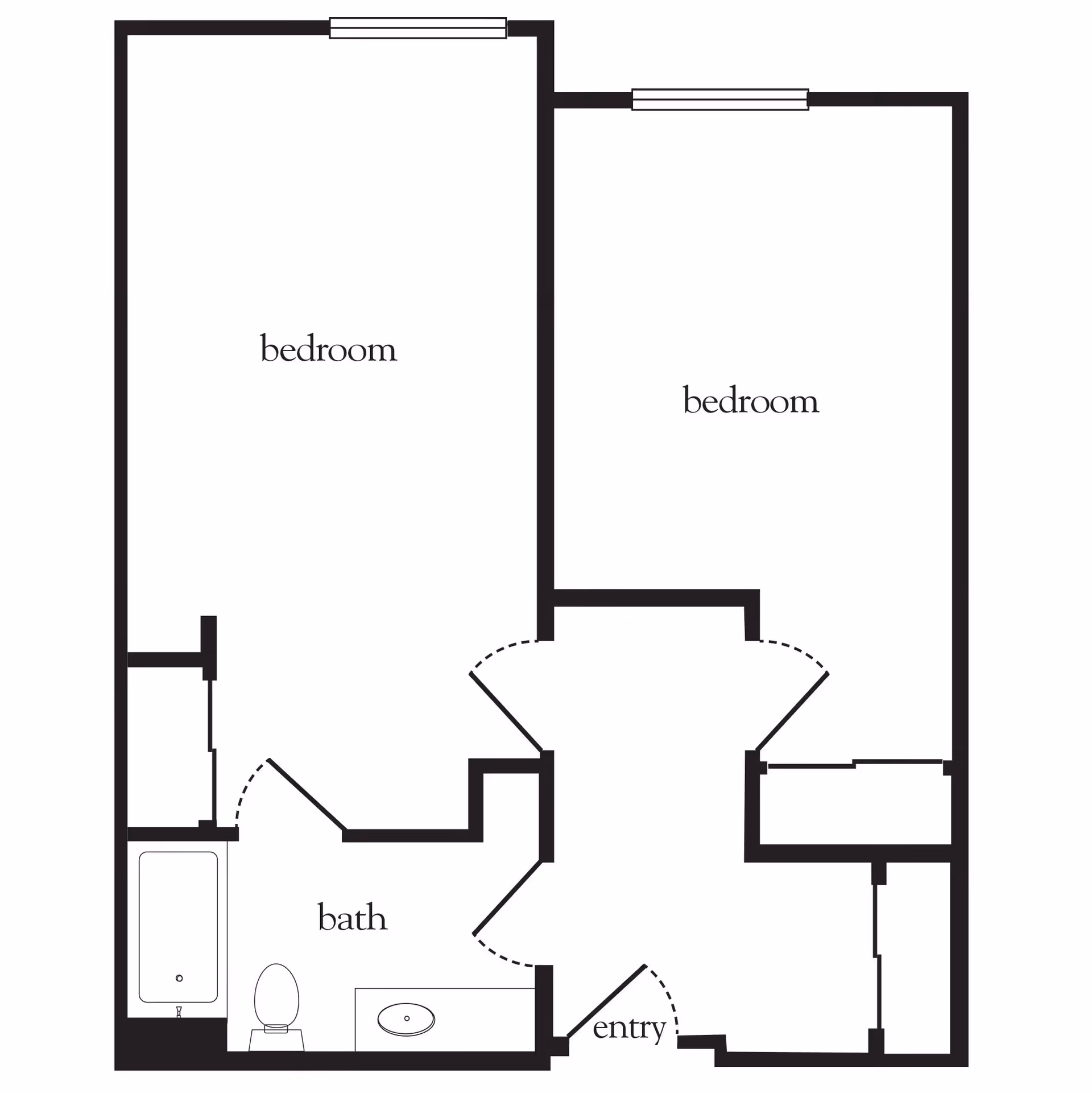 Floor plan of a living space with two bedrooms, one bathroom, and an entry area. The bathroom includes a bathtub, toilet, and sink. Each bedroom has a window.