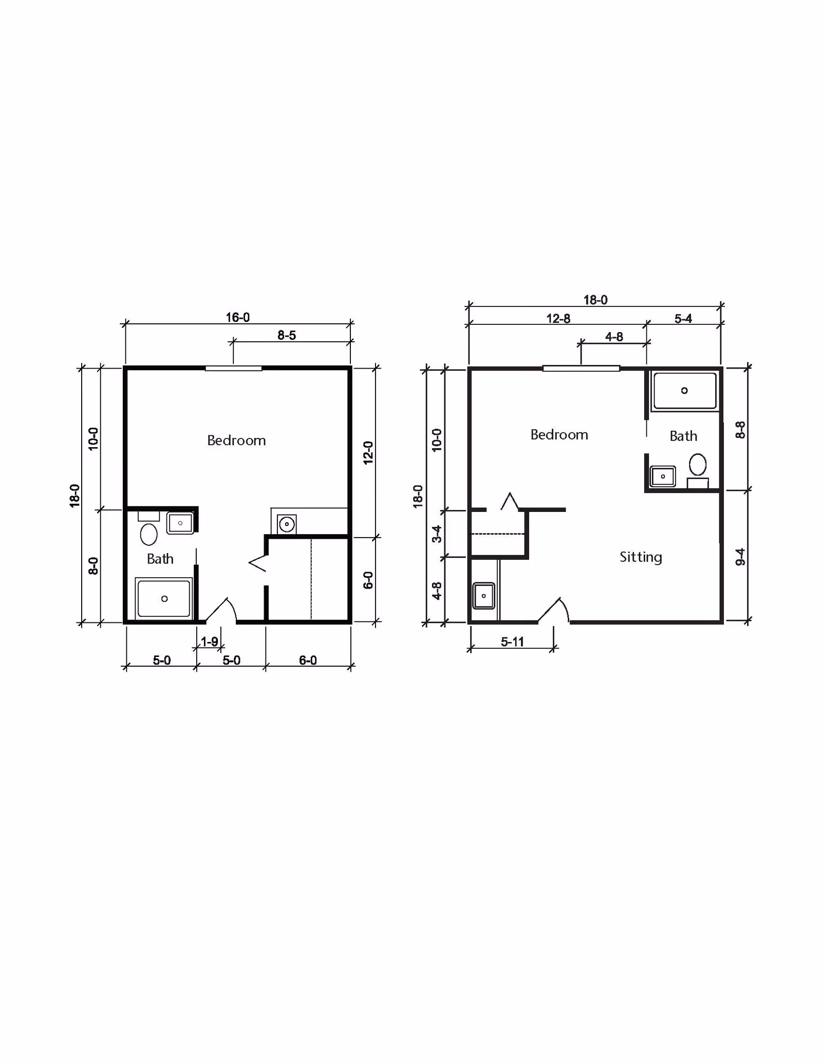 Architectural floor plan showing two separate apartment layouts, each with a bedroom and bathroom. The left layout includes a bedroom and bath with measurements, and the right layout includes a bedroom, sitting area, and bath with detailed dimensions.