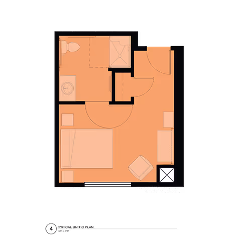 Floor plan layout of a small living space featuring a bedroom area with a bed and chair, a bathroom with a toilet, sink, and shower, and an entryway with doors connecting the rooms.