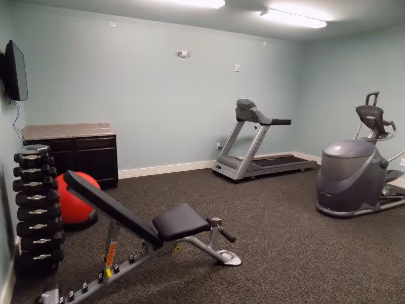 A small fitness room with light blue walls and carpeted floor. The room contains a treadmill, an elliptical machine, a weight bench, a rack of dumbbells, a red exercise ball, a small cabinet with a countertop, and a wall-mounted TV.