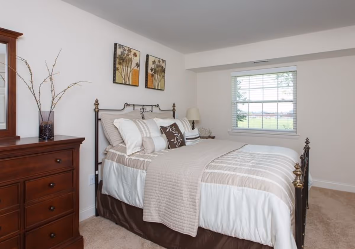 Neatly made bed with decorative pillows in a bright bedroom featuring a wooden dresser, wall art, and a window.