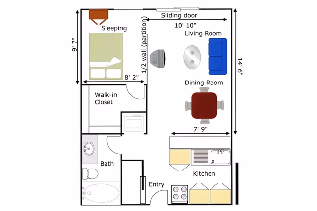 Labeled floor plan of a one-bedroom apartment showing a sleeping area, walk-in closet, bathroom, kitchen, dining area and living room with dimensions.