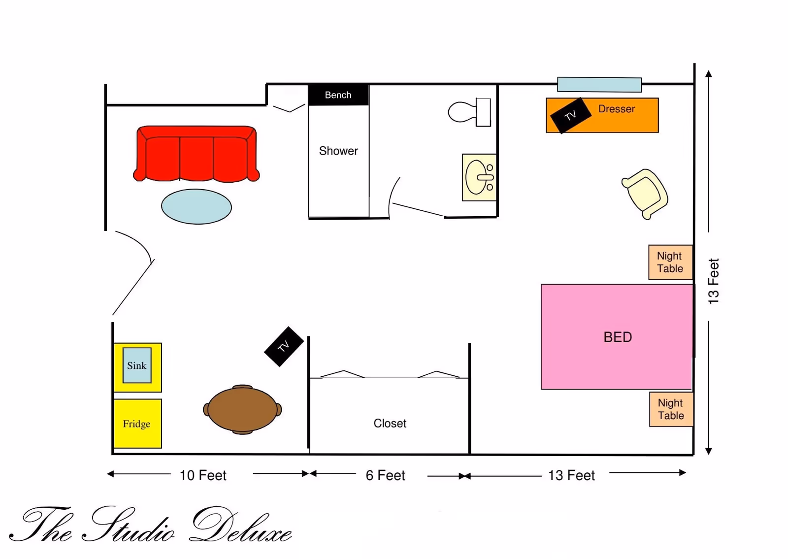 Floor plan of The Studio Deluxe apartment at Savannah Court of Orange City showing a layout with a bed, two night tables, dresser with TV, chair, closet, dining table with TV, fridge, sink, shower with bench, and a red couch with a small round table.