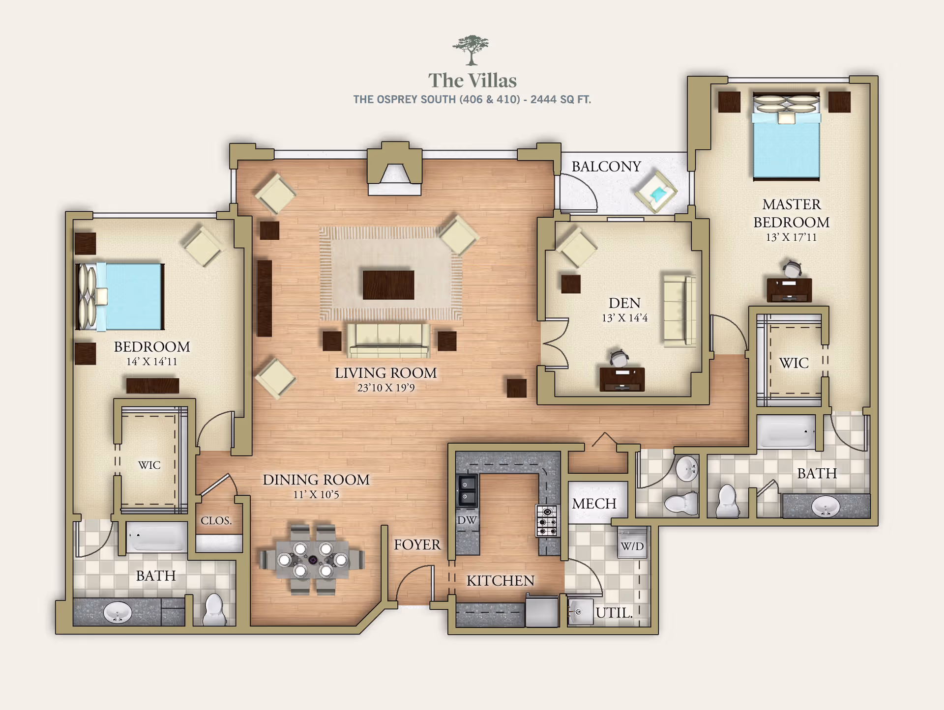 Floor plan of The Villas, The Osprey South model, showing a layout with a master bedroom, a second bedroom, two bathrooms, a living room, dining room, kitchen, den, balcony, and utility areas.