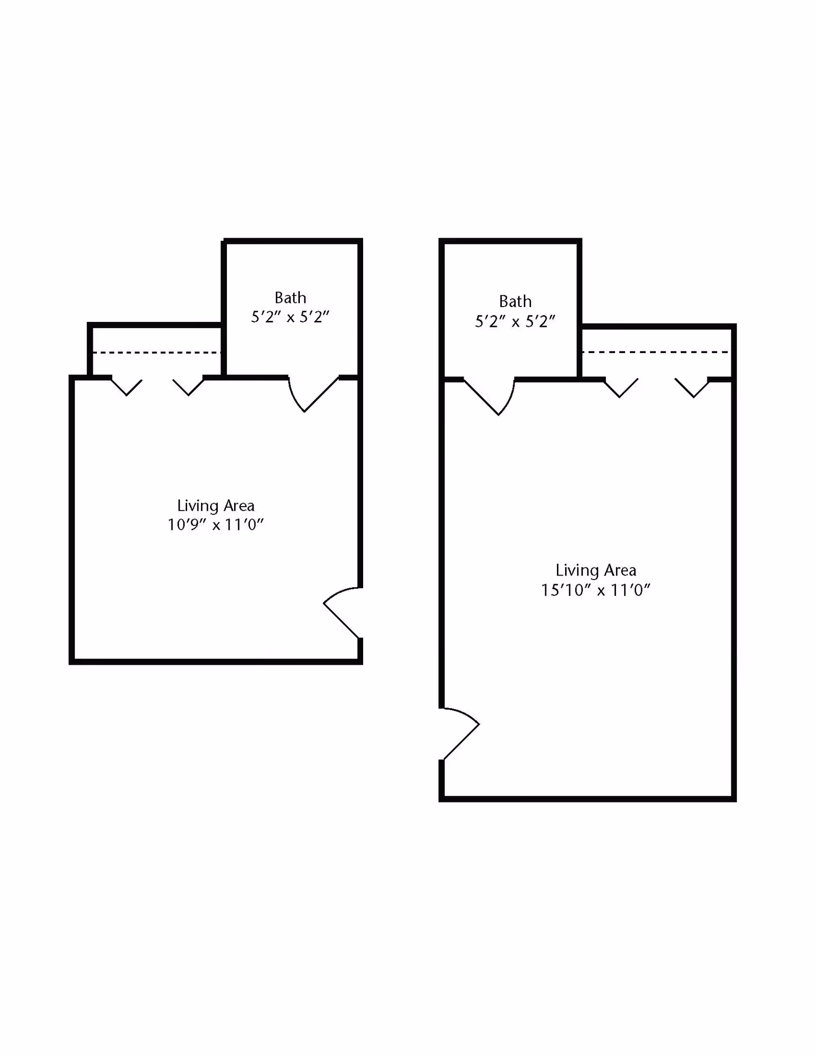 Architectural floor plan showing two living areas with attached baths. The left living area measures 10 feet 9 inches by 11 feet and has a bath measuring 5 feet 2 inches by 5 feet 2 inches. The right living area measures 15 feet 10 inches by 11 feet and has a bath measuring 5 feet 2 inches by 5 feet 2 inches.