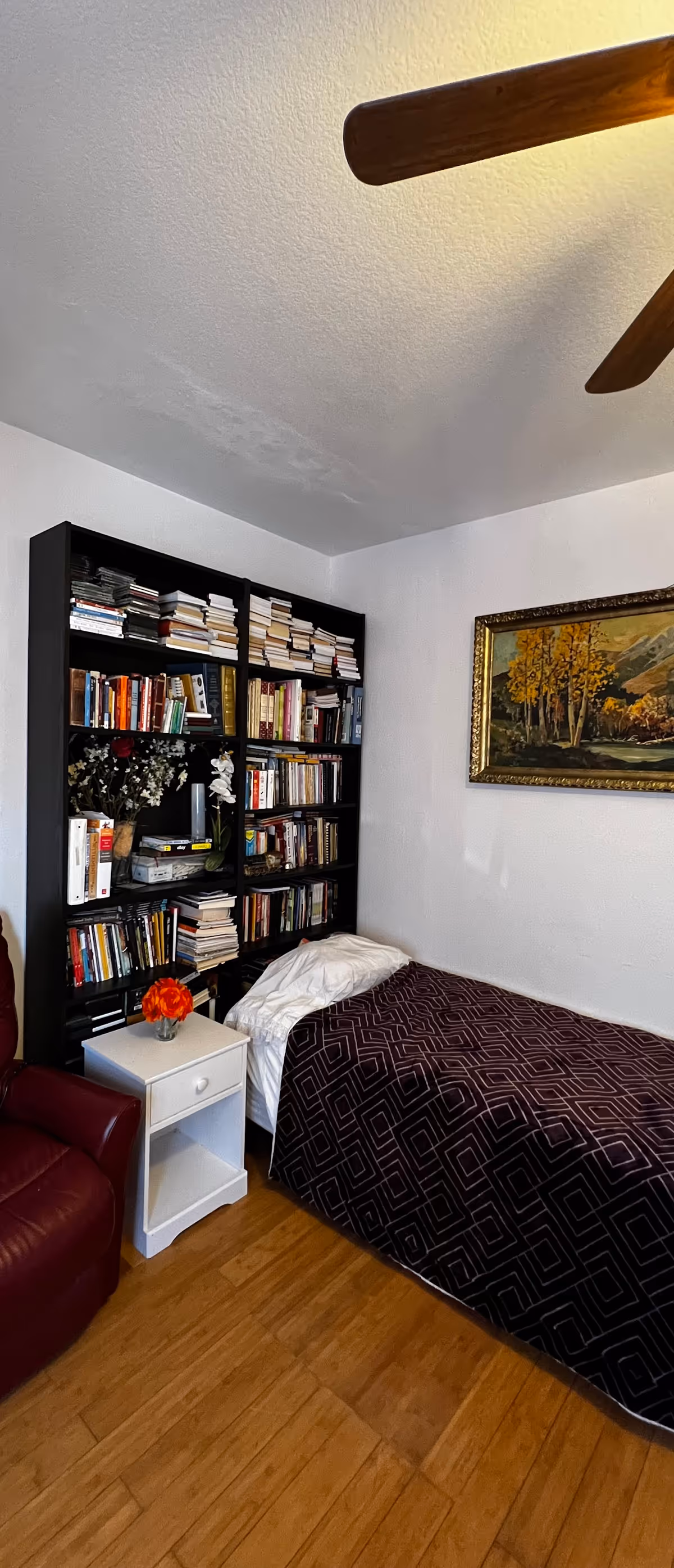 Small bedroom with a single bed covered in a dark patterned blanket, a tall bookshelf filled with books, a white nightstand with a red flower, and a framed landscape painting on the wall.