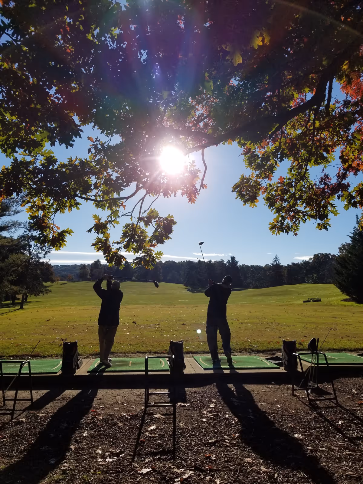 Two people practicing golf swings at a driving range on a sunny day with green grass and trees in the background. The sun is shining through the branches of a tree with autumn-colored leaves overhead.