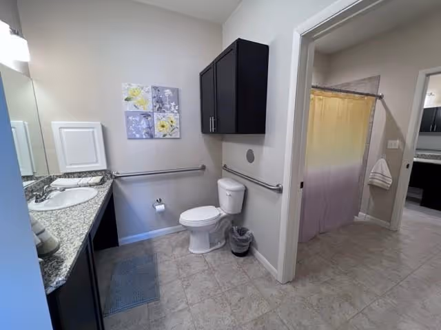 A clean and modern bathroom featuring a white toilet with grab bars on the walls, a granite countertop with a sink, a wall-mounted cabinet above the toilet, a trash bin, a shower area with a yellow and purple gradient curtain, and decorative floral artwork on the wall.