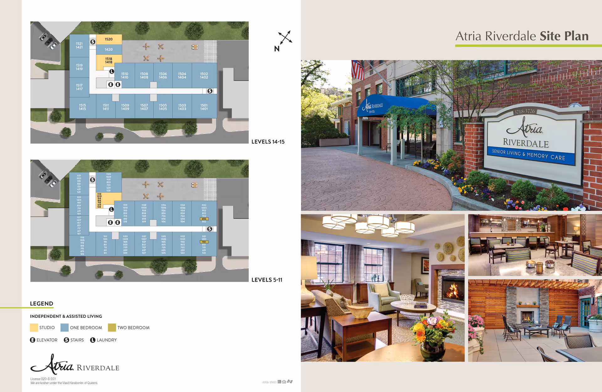 Atria Riverdale site plan with floor layouts for levels 5-11 and 14-15 on the left side, showing studio, one-bedroom, and two-bedroom units along with elevators, stairs, and laundry areas. On the right side, four photos show the exterior entrance with a sign reading 'Atria Riverdale Senior Living & Memory Care,' a cozy living room with seating and a fireplace, a dining area with tables and chairs, and an outdoor patio with seating and a fireplace.