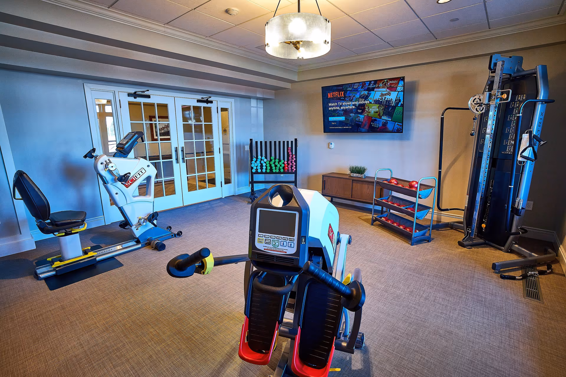 A fitness room with exercise equipment including a recumbent bike, a rowing machine, and a multi-functional weight machine. There is a rack with colorful dumbbells and a TV mounted on the wall displaying a Netflix screen. The room has beige carpet, light-colored walls, and double glass doors.