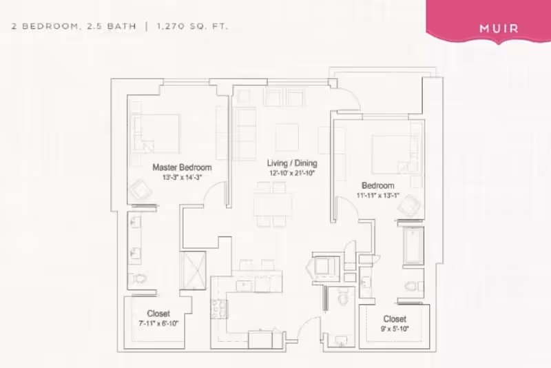 Architectural floor plan of a 2 bedroom, 2.5 bath apartment named Muir with 1,270 square feet. The layout includes a master bedroom with attached closet and bathroom, a second bedroom with closet and bathroom, a combined living and dining area, and a kitchen.
