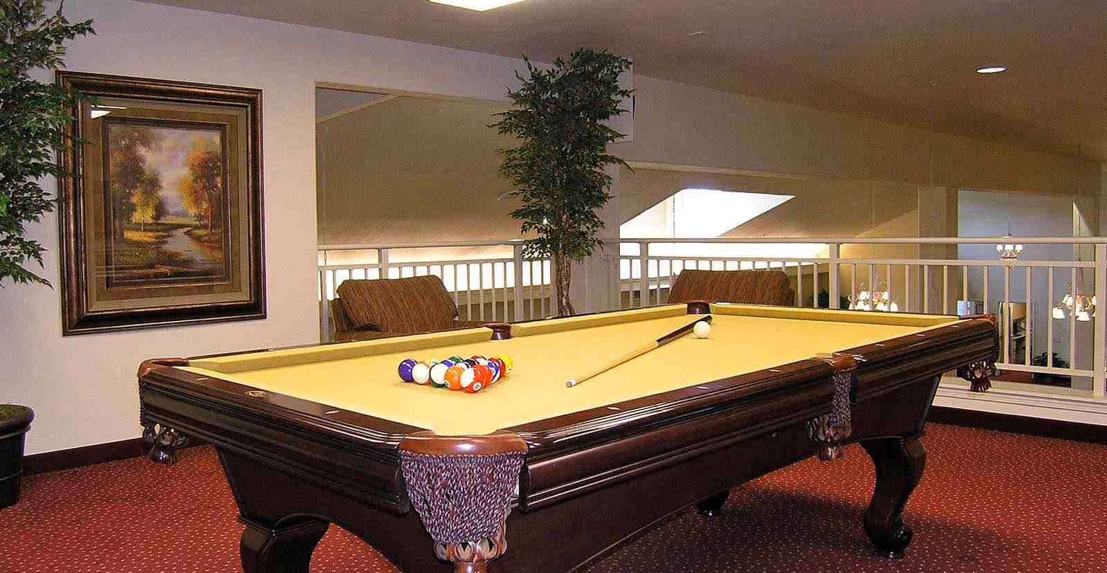 Interior room with a pool table set up for a game, featuring a yellow felt surface and a cue stick resting on it. The room has red carpet flooring, two brown cushioned chairs, a framed landscape painting on the wall, and two tall potted plants. A white railing overlooks a lower level with hanging light fixtures.