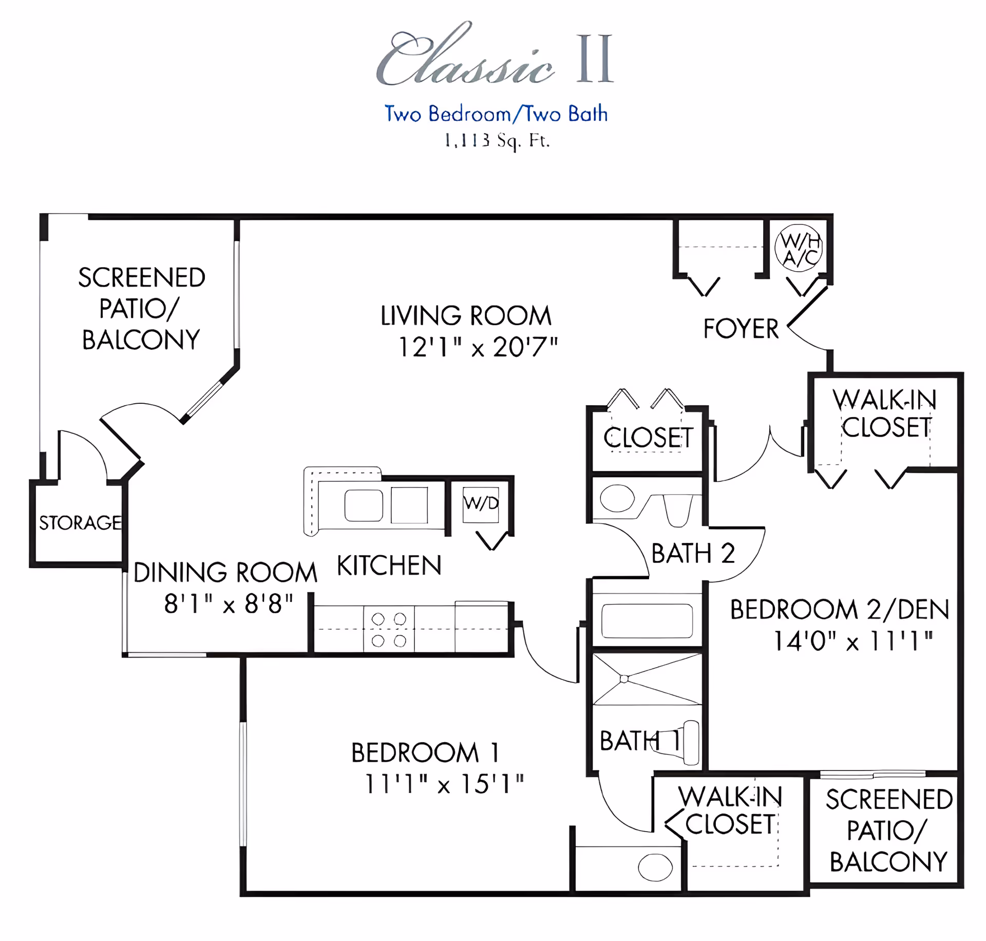Floor plan of Classic II apartment with two bedrooms and two bathrooms, totaling 1,113 square feet. Includes a living room, kitchen, dining room, two screened patios/balconies, storage, foyer, closets, and walk-in closets.