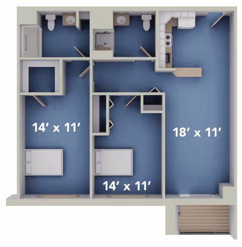 3D floor plan of a senior living apartment at Grove City Senior Living showing two bedrooms each measuring 14 by 11 feet, two bathrooms, a kitchen area, and a living room area measuring 18 by 11 feet. There is also a balcony or patio area attached to the living room.