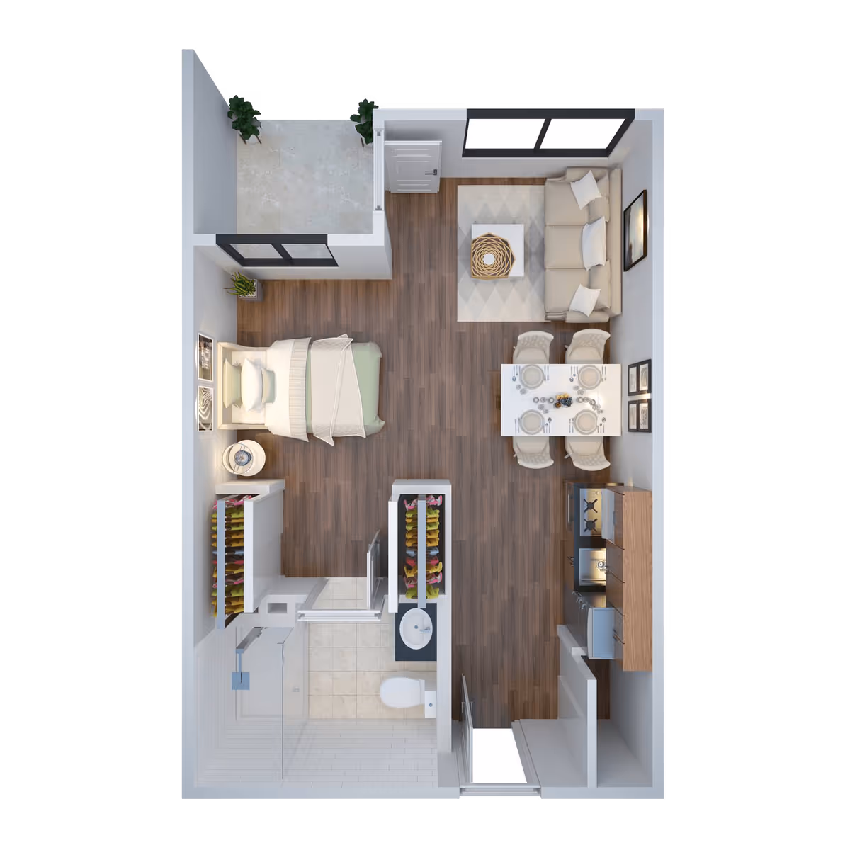 Top-down floor plan of a studio apartment showing a bed, bathroom, kitchen, dining table, living area, and a small balcony.