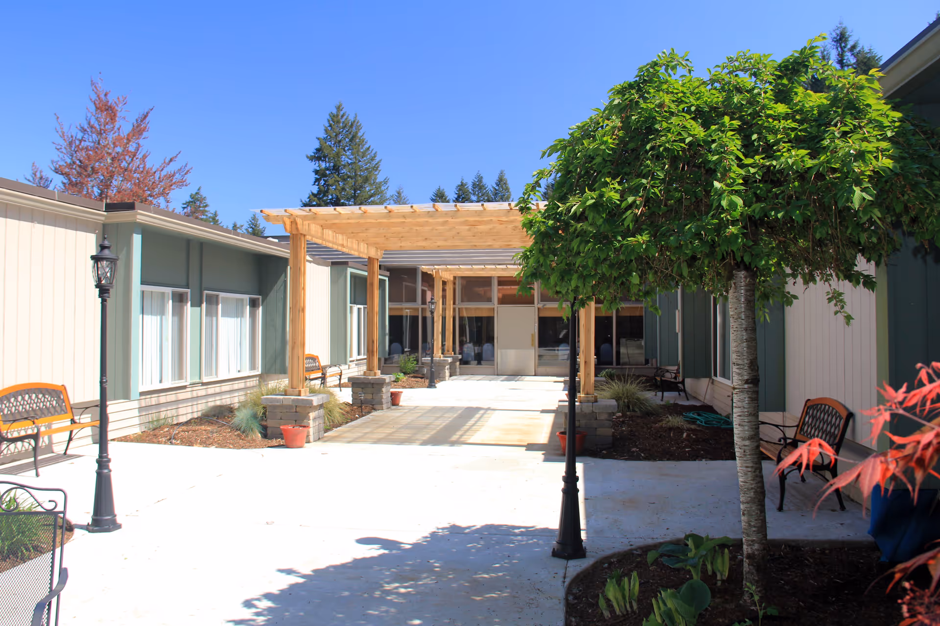 Outdoor courtyard area of a senior living facility with benches, lamp posts, a small tree, and a wooden pergola structure. The building exterior is visible with large windows and a clear blue sky overhead.