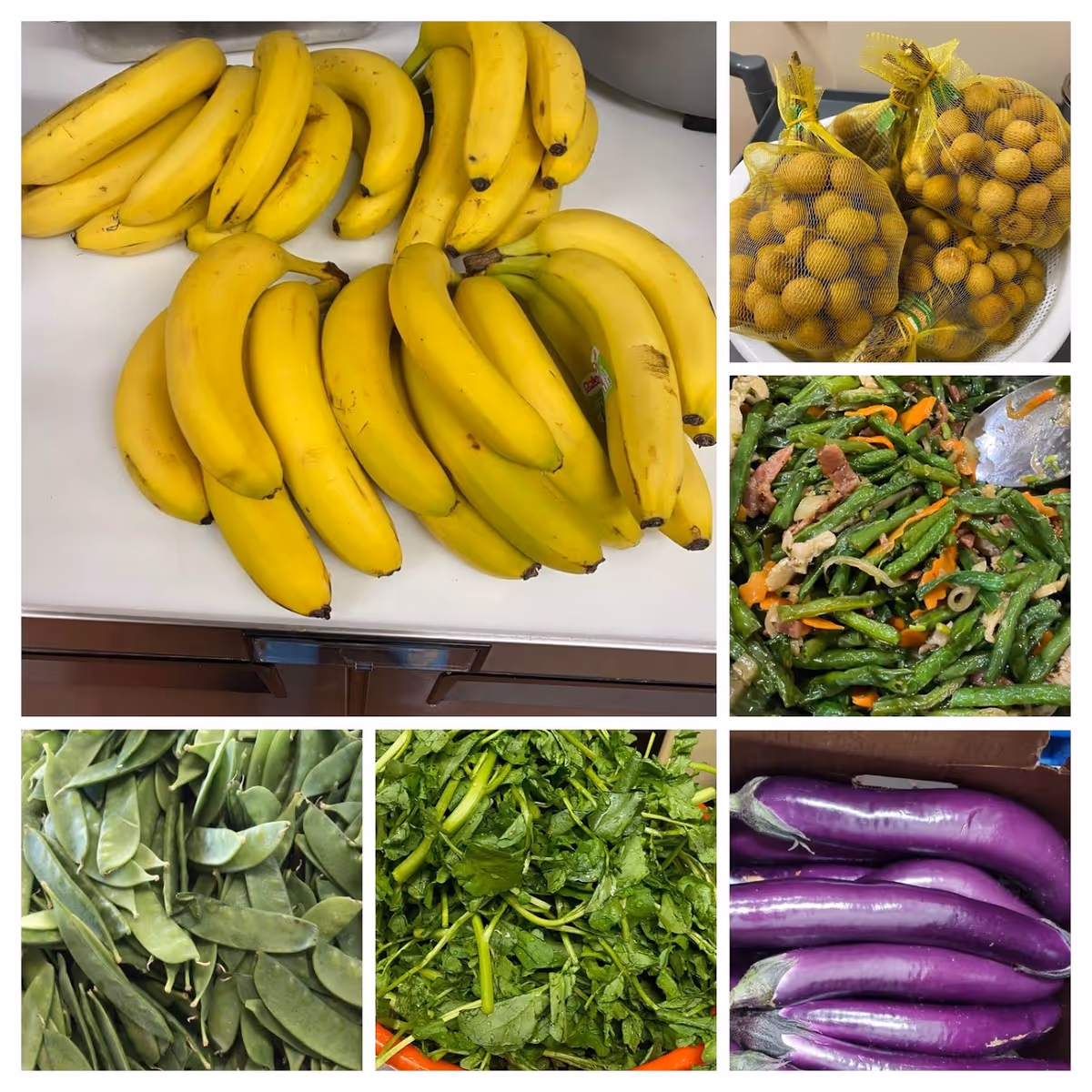 A collage of six images showing fresh fruits and vegetables including bunches of bananas, bags of longan fruit, cooked green beans with carrots and meat, fresh snow peas, leafy greens, and long purple eggplants.