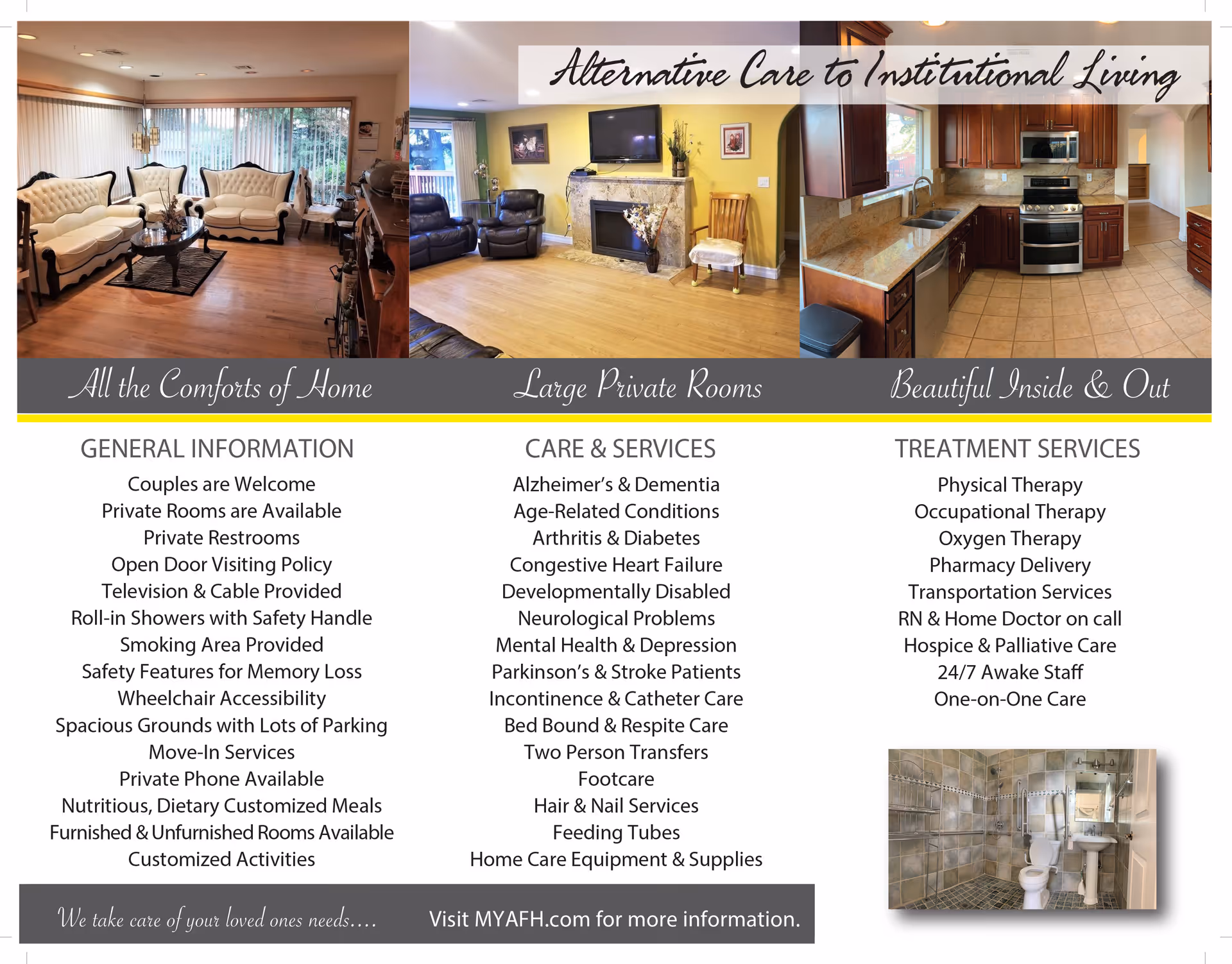 A collage of three interior photos showing a living room with white upholstered furniture and a coffee table, a cozy sitting area with leather recliners and a fireplace, and a kitchen with wooden cabinets and stainless steel appliances. Below the photos is text describing general information, care and services, and treatment services offered by New Options Renton AFH, including amenities and specialized care options. There is also a small inset image of a bathroom with a toilet, sink, and tiled walls.