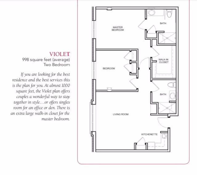 Floor plan labeled 'Violet' showing a two-bedroom, two-bath 998 sq ft layout with living room, kitchenette, master bedroom with walk-in closet, and descriptive text.