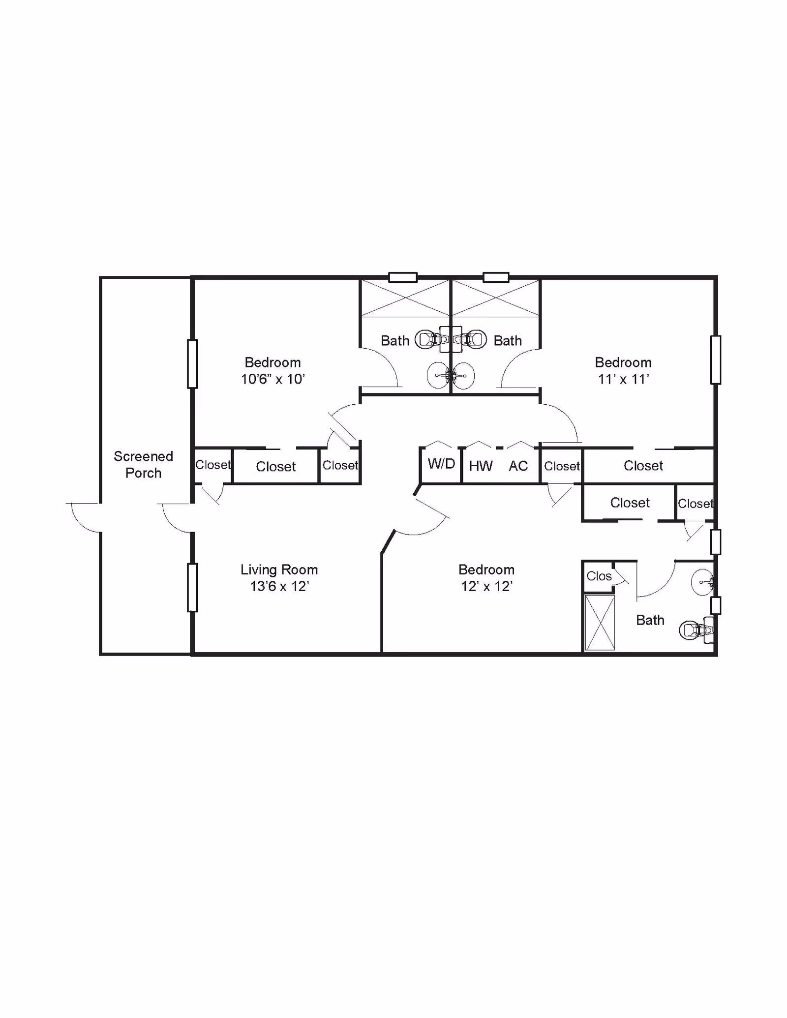 Architectural floor plan showing a layout with three bedrooms, three bathrooms, a living room, closets, a screened porch, and utility areas labeled W/D, HW, and AC.