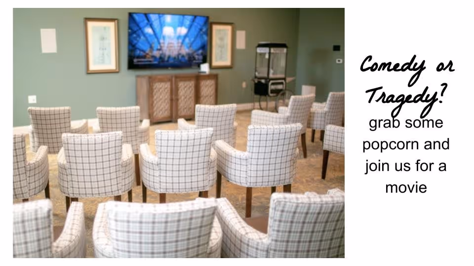 Rows of plaid armchairs facing a wall-mounted TV and a popcorn machine in a small movie screening room with promotional text on the right.