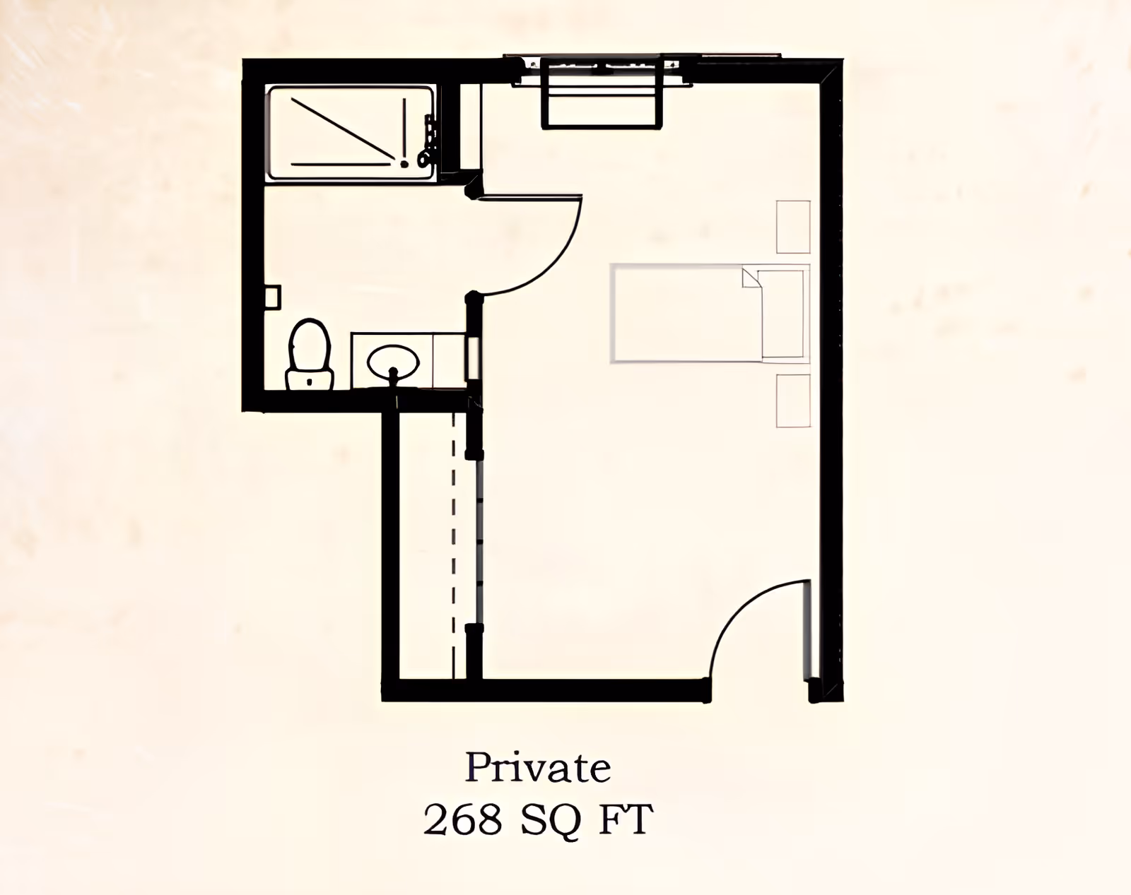 Floor plan of a private 268 square foot assisted living unit featuring a combined bedroom and living area with a bed and two nightstands, a bathroom with a toilet, sink, and shower, and an entry door.