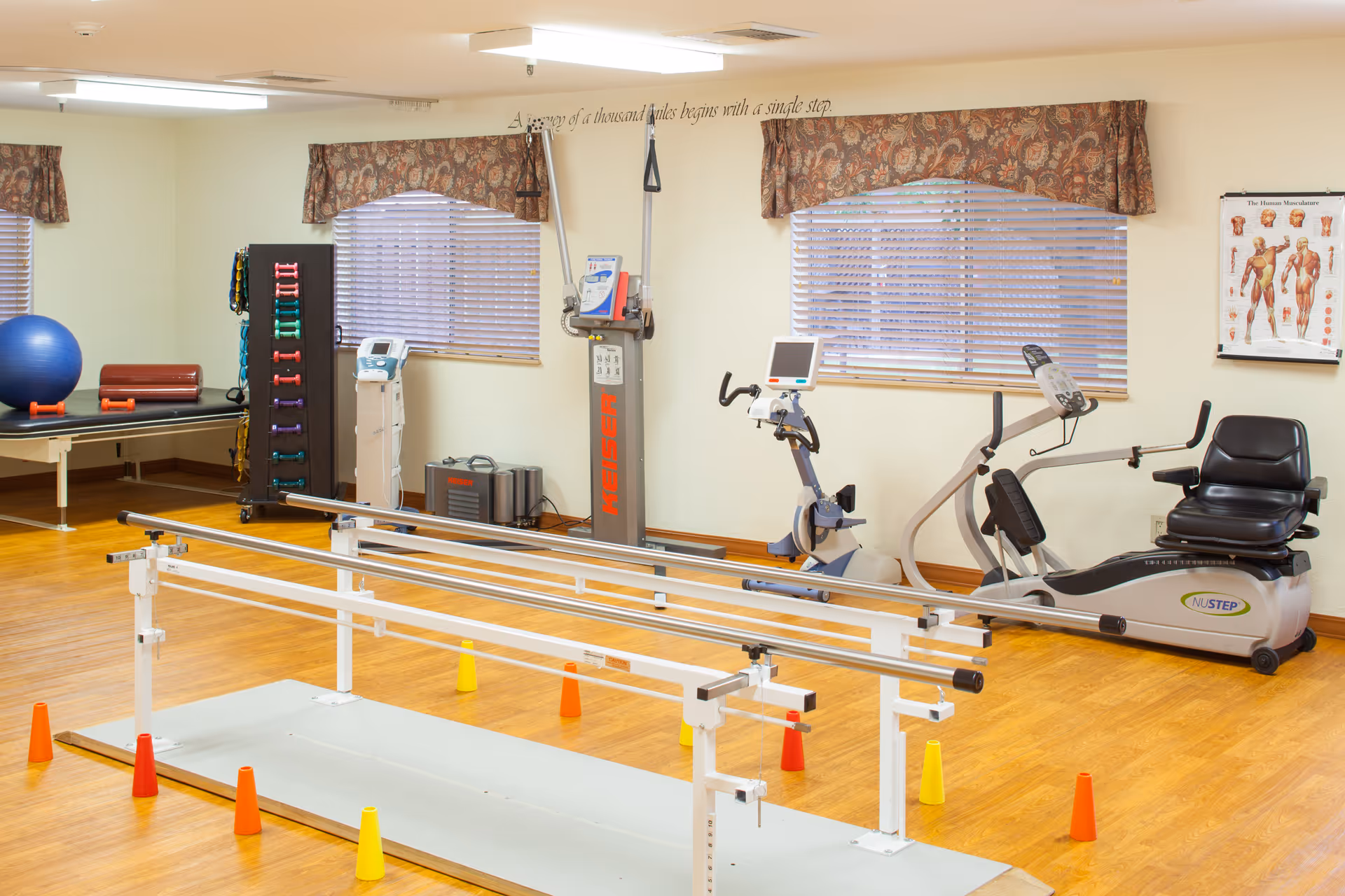 A physical therapy or rehabilitation room with parallel bars for walking exercises, exercise bikes, a rack of colorful dumbbells, a large blue exercise ball, and anatomical charts on the wall. The room has wooden flooring, windows with blinds and patterned valances, and various exercise equipment.