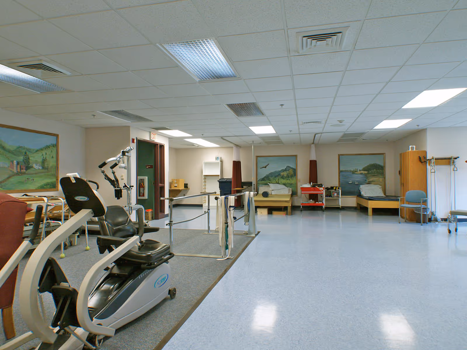 Spacious rehabilitation room with exercise equipment, parallel bars and several beds against mural-decorated walls.