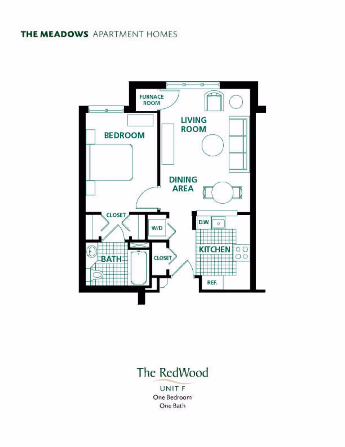 Floor plan of The RedWood Unit F at The Meadows Apartment Homes, showing a one-bedroom, one-bath layout with labeled areas including bedroom, bath, kitchen, dining area, living room, furnace room, closets, and washer/dryer.