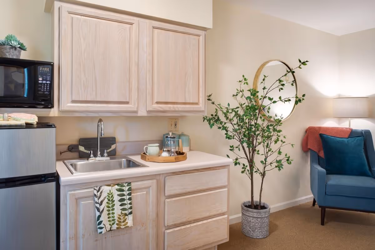 A small kitchenette area with light wood cabinets, a stainless steel sink, a black microwave, and a mini refrigerator. A towel with a leaf pattern hangs on the cabinet door. On the countertop, there is a tray with a pitcher, salt and pepper shakers, and a container. To the right, there is a potted plant with green leaves, a round wall mirror, and a blue armchair with a teal pillow and a red throw blanket. A lamp is on in the background.