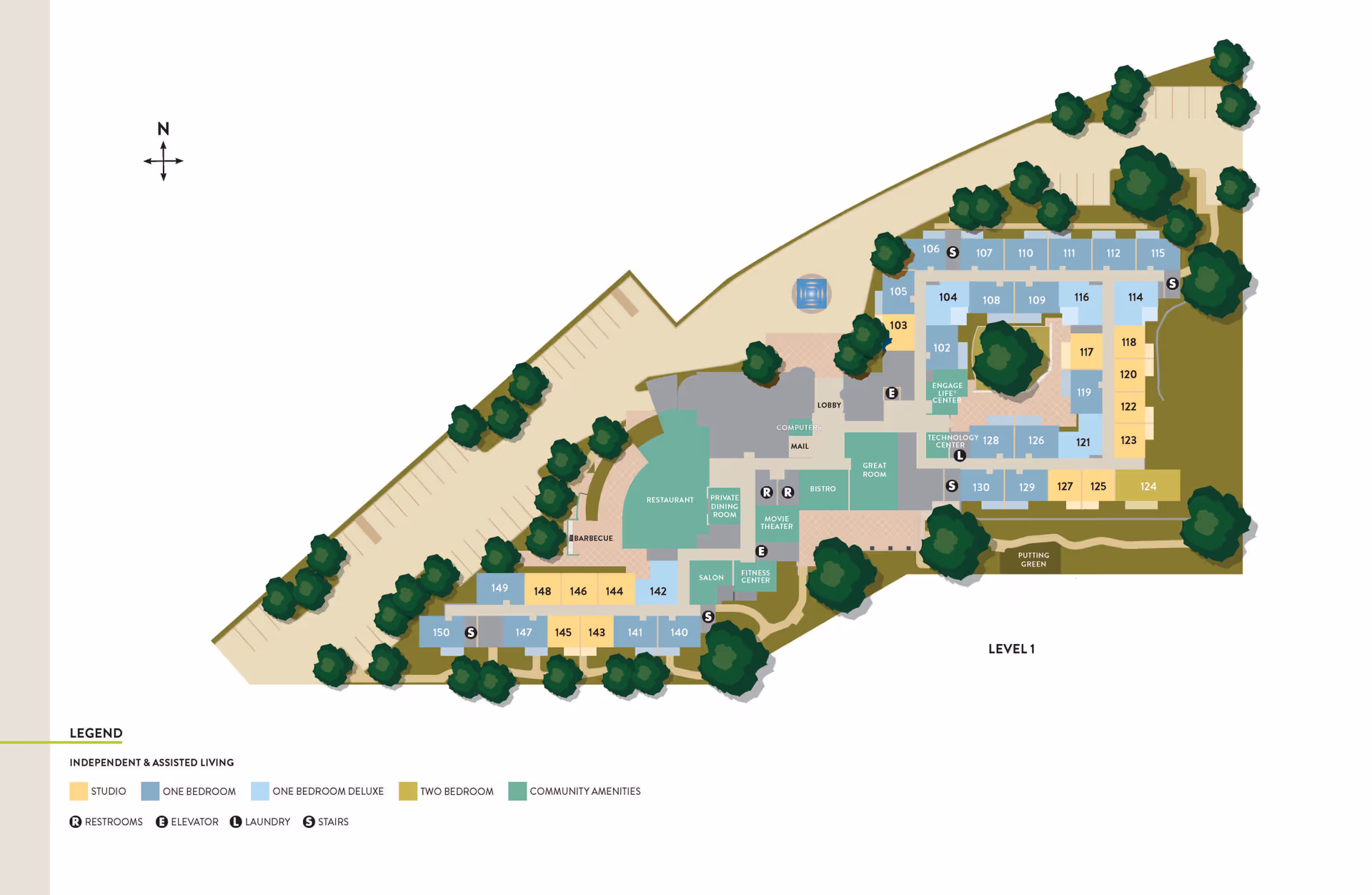 Floor plan of Atria Hillcrest senior living facility showing layout of rooms including studios, one bedroom, one bedroom deluxe, and two bedroom units. Community amenities such as restaurant, private dining room, bistro, movie theater, salon, fitness center, technology center, engage center, great room, lobby, mail area, and outdoor features like barbecue and putting green are also marked. Parking areas and pathways with trees surround the building. Legend indicates symbols for restrooms, elevator, laundry, and stairs.