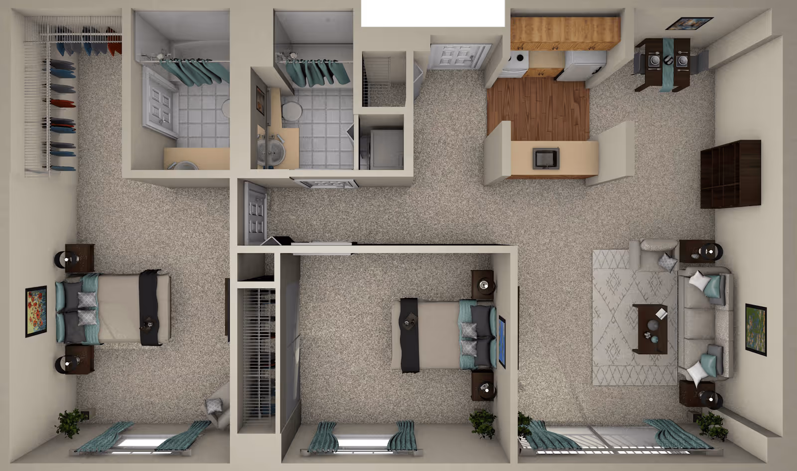 Top-down view of a two-bedroom apartment floor plan featuring two bedrooms with beds and nightstands, two bathrooms, a kitchen with appliances and dining area, and a living room with a sofa, coffee table, and TV. The rooms are carpeted except the kitchen which has wooden flooring.