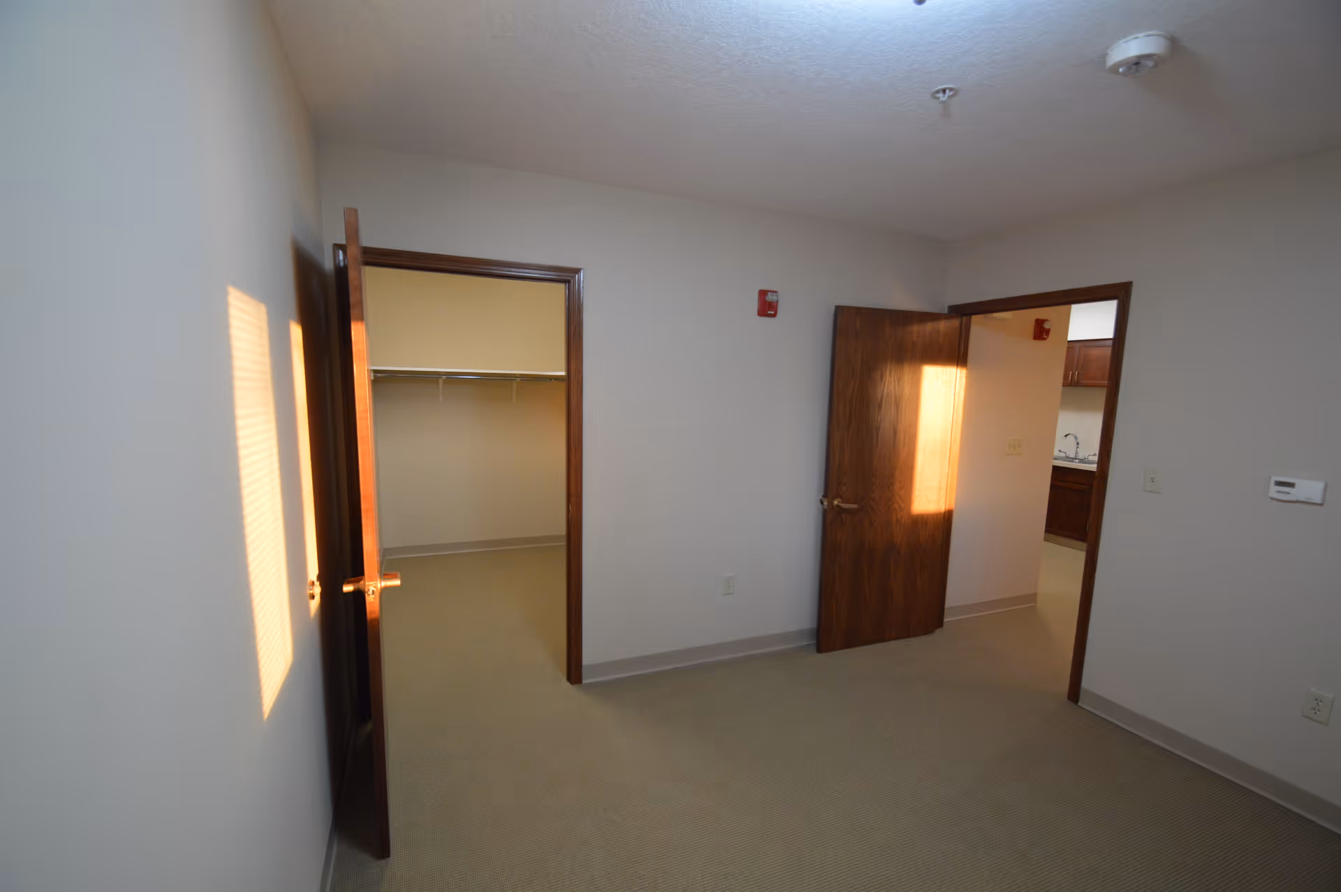 Empty room with beige carpet and light gray walls, two wooden doors open showing a walk-in closet and a kitchen area with wooden cabinets and a sink.