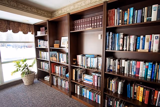 Interior view of a library or reading area with wooden bookshelves filled with books, a large window with a decorative valance, and a potted plant on the carpeted floor.