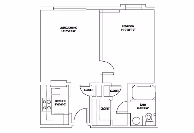 Black-and-white floor plan of a one-bedroom apartment showing labeled living/dining, bedroom, kitchen, bath, and several closets.