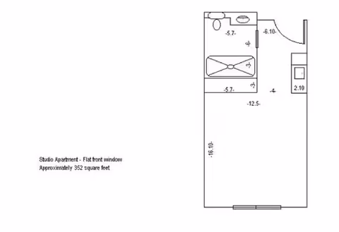 Floor plan of a studio apartment with a flat front window, approximately 352 square feet. The layout includes a bathroom with a sink, toilet, and bathtub, a kitchen area, and a main living space.