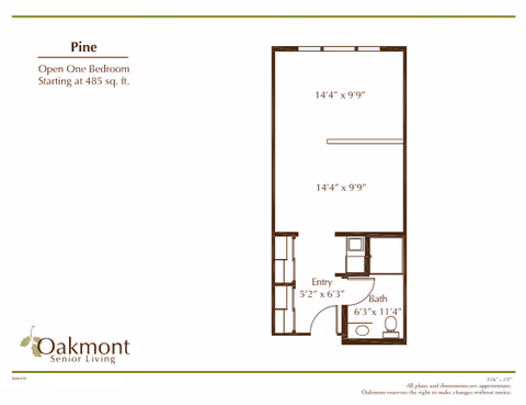 Floor plan layout of the Pine open one-bedroom apartment at Oakmont Senior Living, showing dimensions of the main room, entry, and bathroom areas.