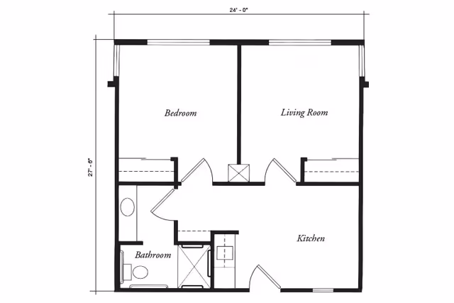 Black-and-white floor plan of a one-bedroom apartment showing labeled bedroom, living room, kitchen, and bathroom.