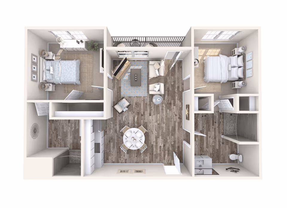 3D floor plan of an apartment featuring two bedrooms, a living room with a sofa and TV, a dining area with a round table and four chairs, a kitchen, and two bathrooms. The apartment also includes a balcony with outdoor seating.