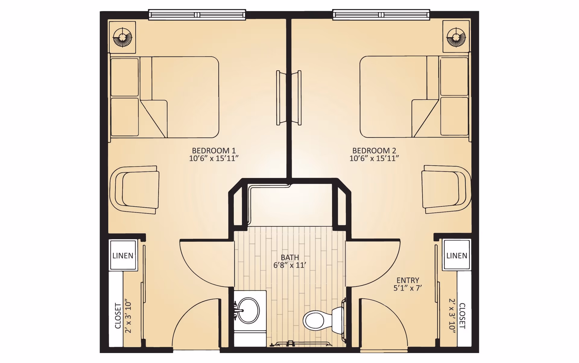 Floor plan of a memory care unit at The Landing at Stone Oak Memory Care showing two bedrooms, each with a bed, chair, nightstand, closet, and linen closet. The bedrooms are adjacent to a shared bathroom with a sink, toilet, and bathtub, and an entry area.