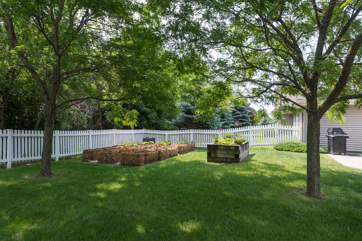 A fenced outdoor garden area with green grass, two trees providing shade, raised garden beds made of hay bales and wood, and a barbecue grill near a building with beige siding.