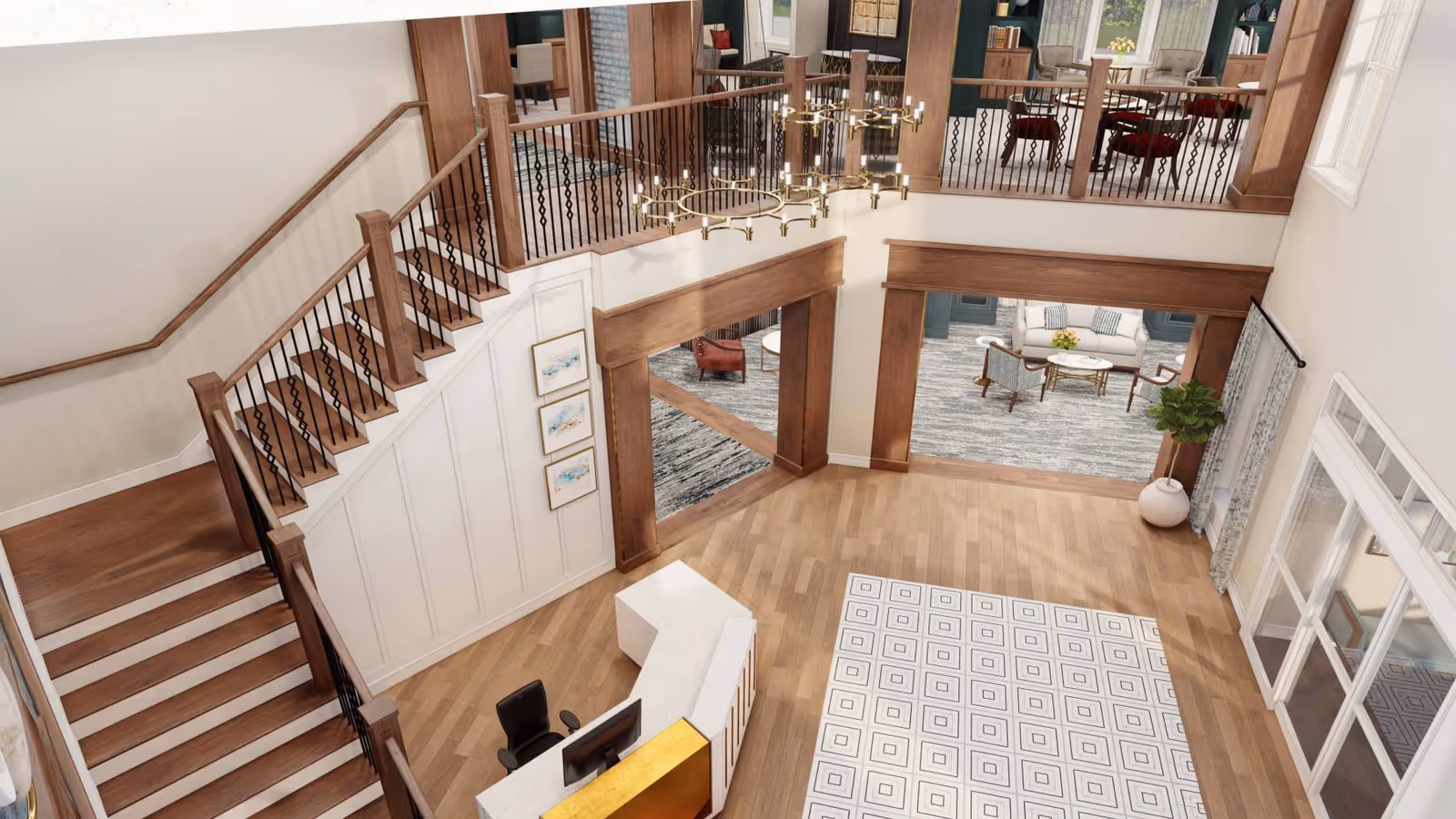 Spacious two-story interior lobby with a reception desk, grand staircase, chandeliers, and seating areas.