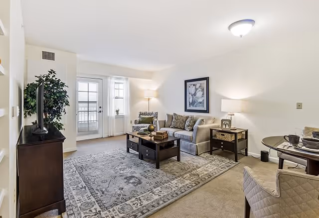 A bright and cozy living room in a senior living facility featuring a gray sofa with patterned cushions, a matching armchair, a dark wood coffee table with decorative items, a side table with a lamp and framed photo, a large patterned area rug, a TV on a dark wood stand, a tall green plant, and glass doors leading to a balcony or outdoor area.
