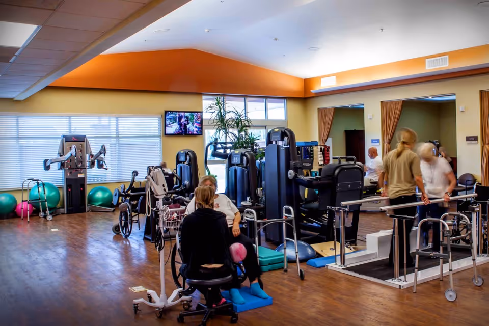 A rehabilitation gym room with exercise equipment, therapy balls, walkers, and parallel bars. Several people are engaged in physical therapy activities, including a seated person holding a pink ball and two others walking with assistance. The room has large windows, a TV mounted on the wall, and a wooden floor.