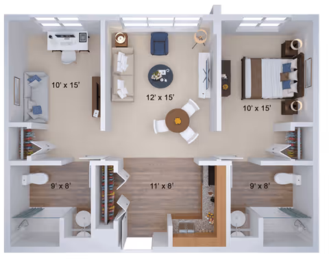 3D floor plan of a senior living apartment at CareOne at Sharon showing a living room with seating and TV, a dining area with a round table and four chairs, a bedroom with a bed and nightstands, a kitchen with appliances and counter space, two bathrooms with showers, and two additional rooms with seating and desks. Dimensions are labeled for each room.