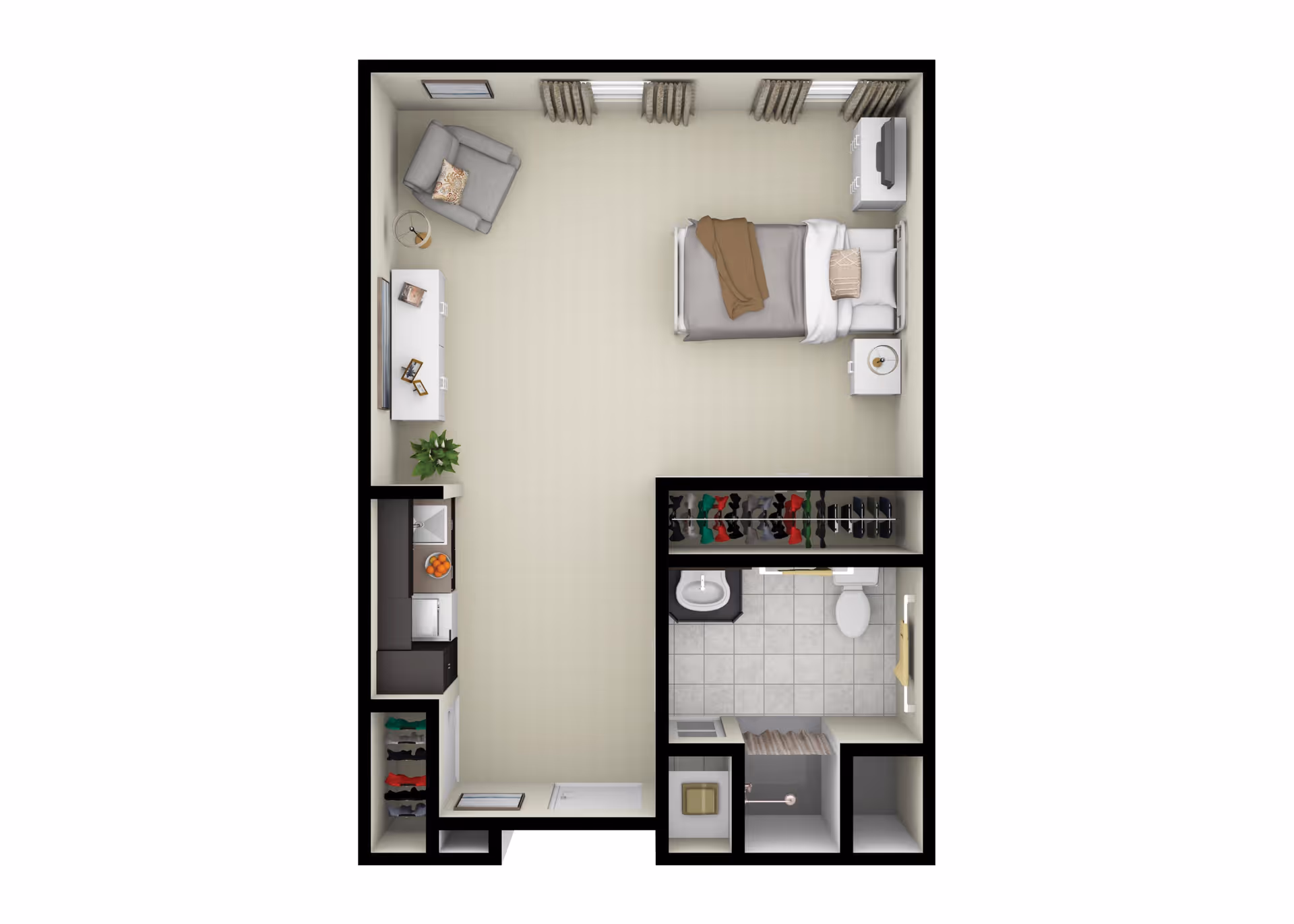 Top-down floor plan of a senior living studio apartment at The Birches at Newtown, featuring a sleeping area with a bed, nightstand, armchair, and TV stand. The apartment includes a kitchenette with a sink and cabinets, a closet, and a bathroom with a sink, toilet, and shower.