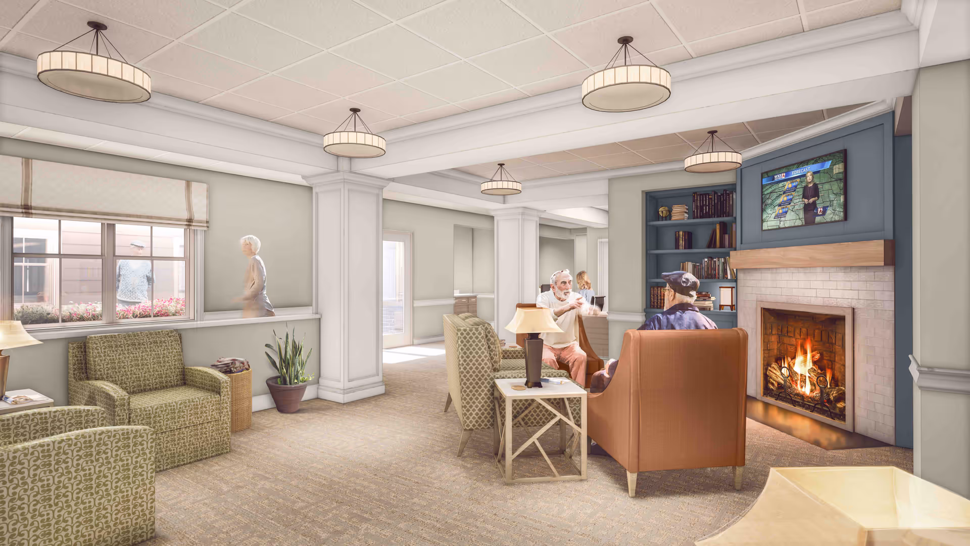 Senior living lounge with seating, a lit fireplace, television, bookshelves, and residents talking.